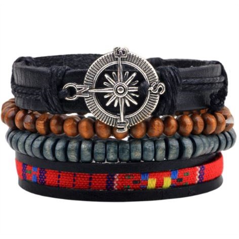 Leren armband met kralen - Kompas