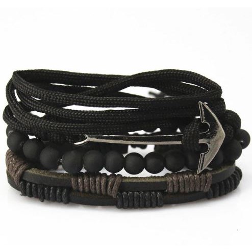 Leren armband met kralen - Anker Zwart