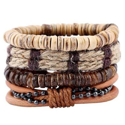 Leren armband met kralen - Bruin / Beige