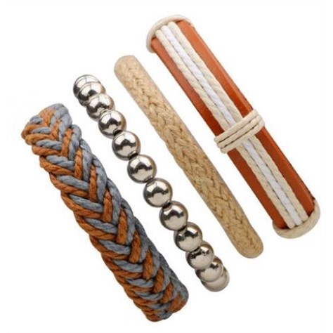 Leren armband met kralen - Bruin / Zilver