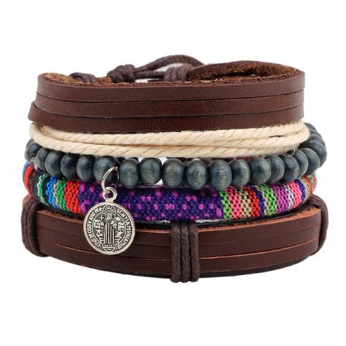 Leren armband met kralen - Bruin